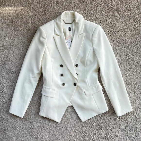 White House Black Market Ivory White Double Breasted Blazer Suit Jacket Size 0 - Picture 1 of 17